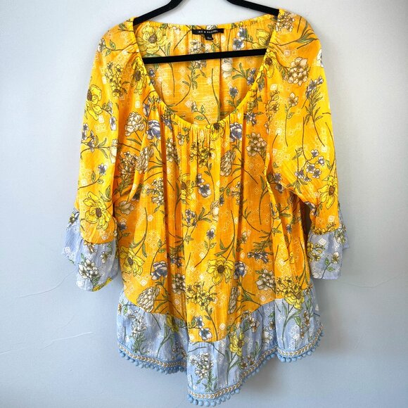 Zac & Rachel Floral Boho Oversized Peasant Top XL Peplum Hem with Bobbles - Picture 1 of 10